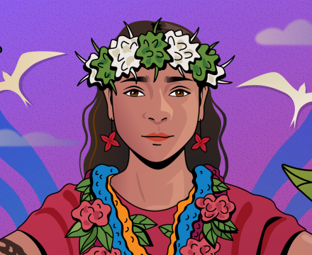 Illustration of Lagipoiva Cherelle Jackson wearing a maroon dress, leis and traditional floral headpiece and surrounded by floral elements and two soaring white birds