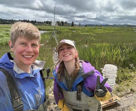 Mary Munt and Jen Morse doing wetland fieldwork for a greenhouse gas study in Astoria