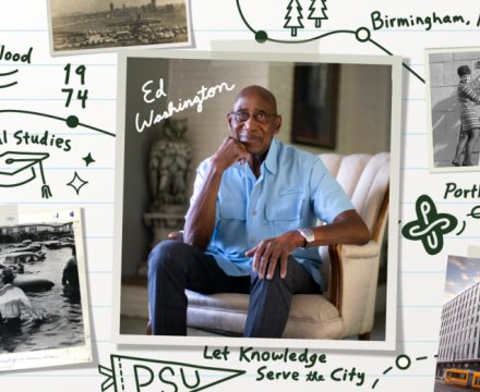 Collage-style graphic resembling a collegiate scrapbook page, at the center is an image of a soft-smiling Washington, surrounded by photos of the Vanport flood and early Portland State College. Hand-drawn doodles form a loose timeline around the images, highlighting key moments from his life.