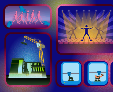 Colorful multi-panel illustration showing stop-motion animation, a new art building under construction, a lit stage performance, a 3D printer creating Victor E. Viking and the Simon Benson House illuminated for the Portland Winter Light Festival