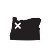 Black icon of the state of Oregon with a white "X" from Portland, OR.