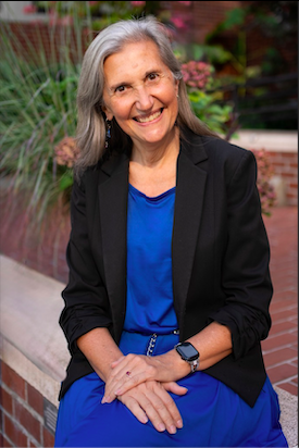 Professional photo of Christina Nicolaidis, a white woman, sitting outside in a blue dress and black blazer.