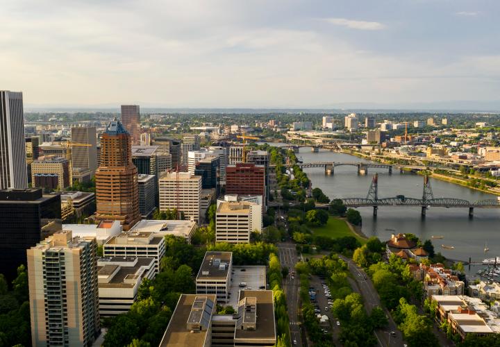 Aerial photo of PSU campus and river. 