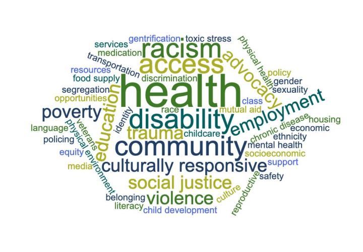 A word cloud of words associated with the social determinants of health. Example: racism.