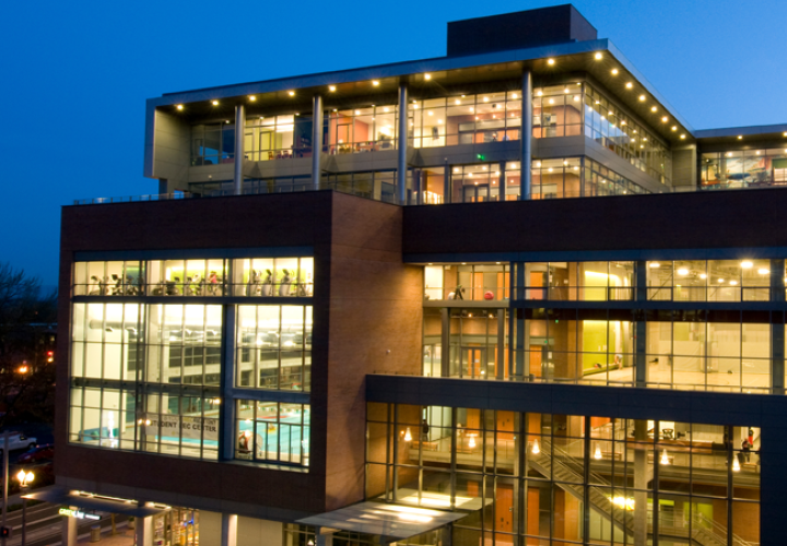 Photo of PSU's Academic and Student Recreation Center at dusk