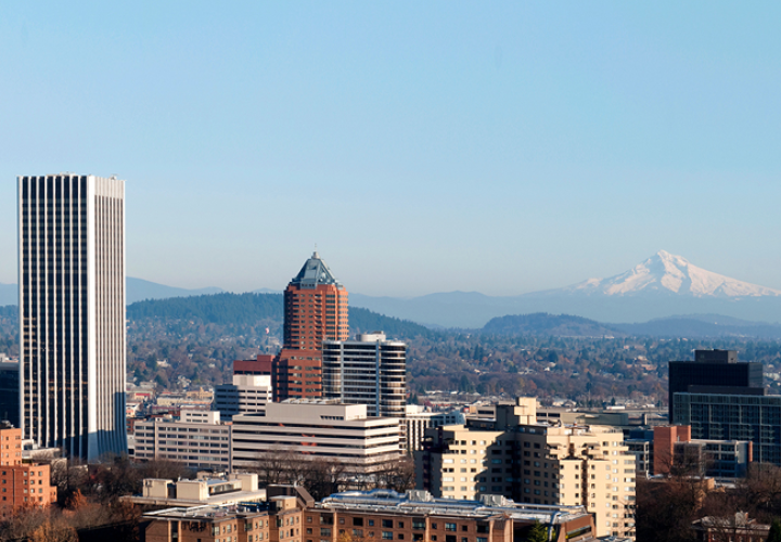 A photo of Portland's skyline with Mount Hood in the background