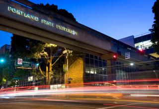 PSU pedestrian overpass at night