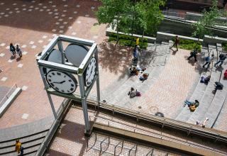 Clock in PSU's Urban Plaza