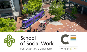 Photo of PSU's Urban Plaza, showing a trolley running through campus