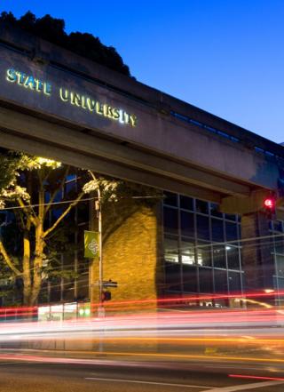 PSU pedestrian overpass at night