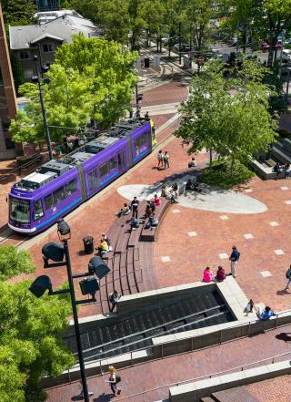 Urban Plaza at PSU with purple streetcar
