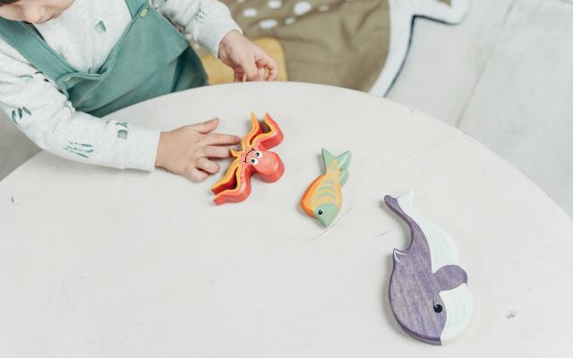 Girl playing with wooden toys