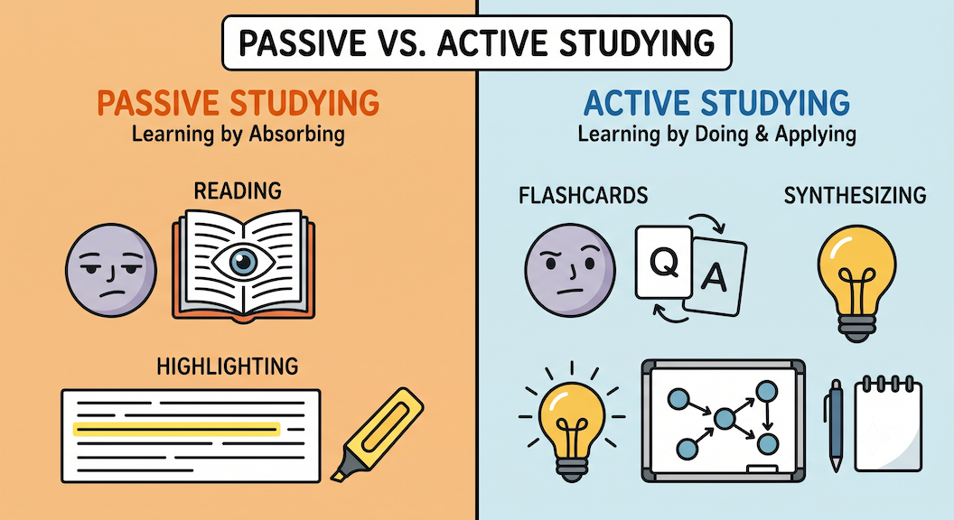 This infographic compares passive and active studying methods. The left side, representing passive studying as "Learning by Absorbing," features icons of a bored face reading a book and highlighting text. The right side, representing active studying as "Learning by Doing & Applying," shows a more focused character using flashcards and synthesizing ideas, with additional icons for generating lightbulbs of thought and concept mapping.