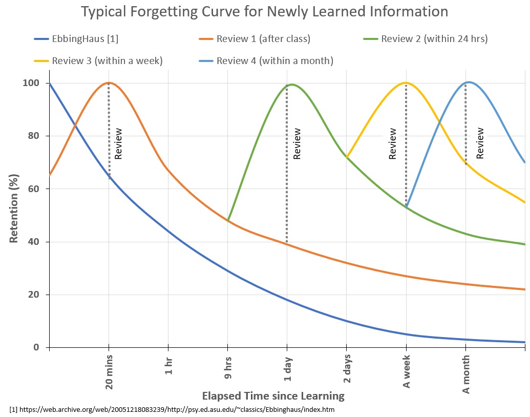 A line graph titled "Typical Forgetting Curve for Newly Learned Information" plotting memory retention (%) against elapsed time. It shows a steep baseline curve where unreviewed memory decays rapidly to near zero over a month. Four overlapping curves illustrate that reviewing material at spaced intervals (after class, 1 day, 1 week, and 1 month) restores retention to 100% and progressively flattens the rate of future forgetting.
