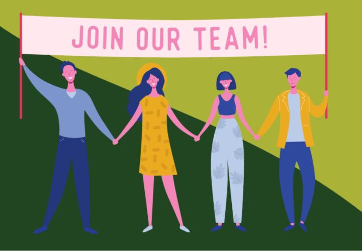 Image of four people holding hands with a sign that says "Join our team!"