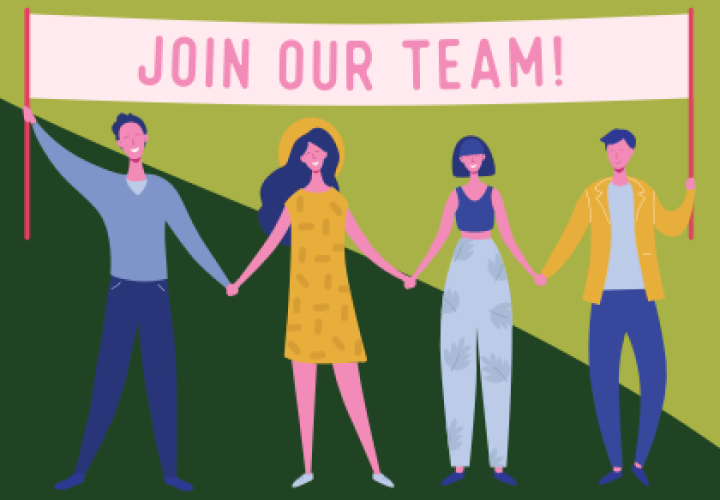 Cartoon drawing of four people holding hands with a banner above them that says "Join our team!"