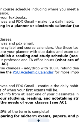 A google document with numbered weeks of the term with bulleted information. 