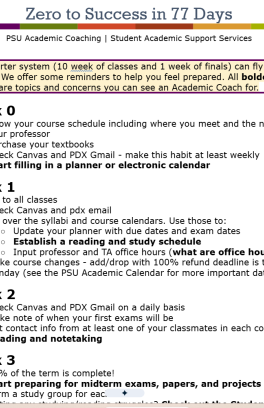 A google document with numbered weeks of the term with bulleted information. 