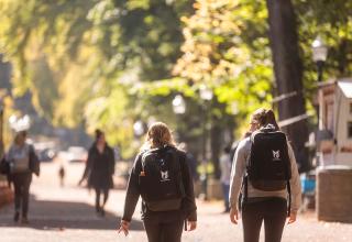 Two students walking side by side and talking