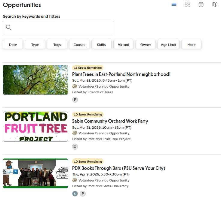 screenshot of GivePulse service opportunities