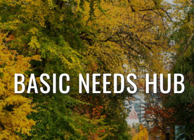 Fall foliage in yellow green and red with white letters reading Basic Needs Hub