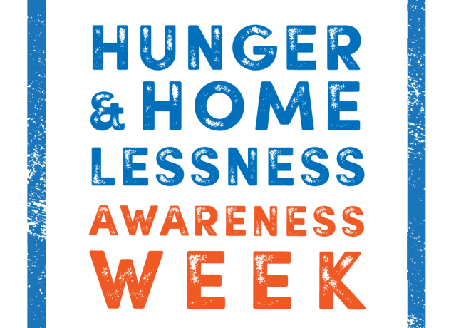 blue outline of a house and an orange spoon with the words hunger and homelessness awareness week