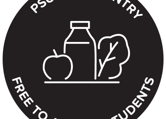 black circle with white outlines of food surrounded by the words PSU Food Pantry, free to all PSU students