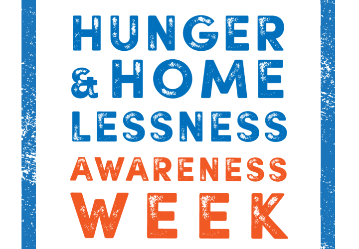 blue outline of a house and an orange spoon with the words hunger and homelessness awareness week