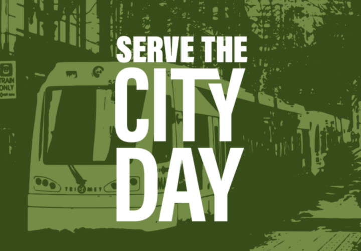 grean sign that says serve the city day