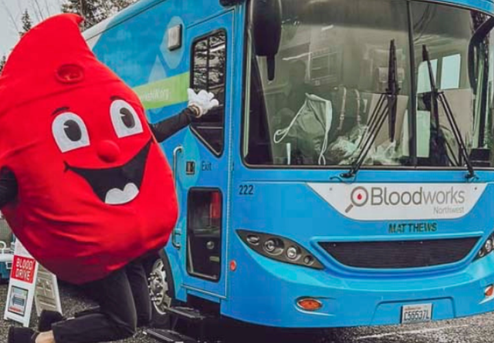 blue buss with blood mascot