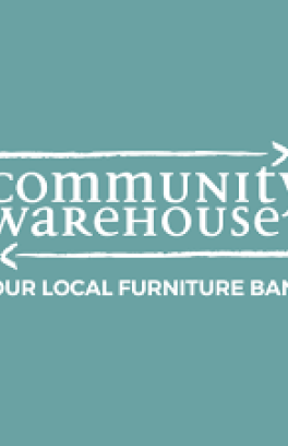 blue square with the words Community Warehouse: Your Local Furniture Bank in white