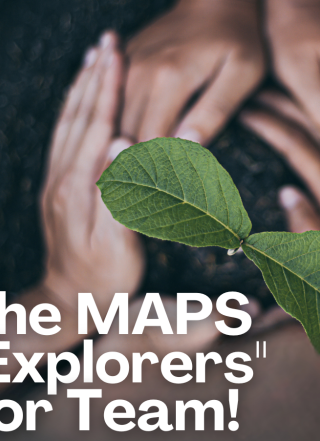 Two sets of hands pat dirt around a seedling. The words "Join the MAPS Eco-Explorers Mentor Team" are in white below.
