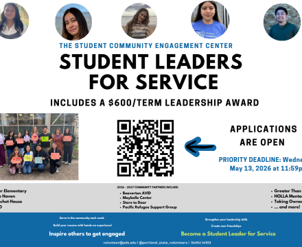 Student Leaders for Service text with QR code to apply