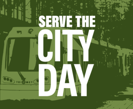 grean sign that says serve the city day