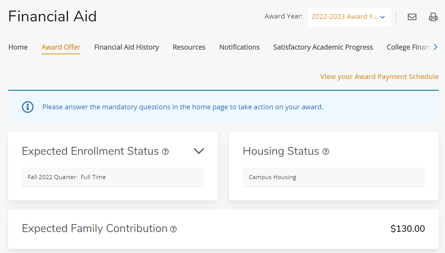 Financial Aid information showing dropdowns for expected enrollment status, housing status, and expected family contribution 
