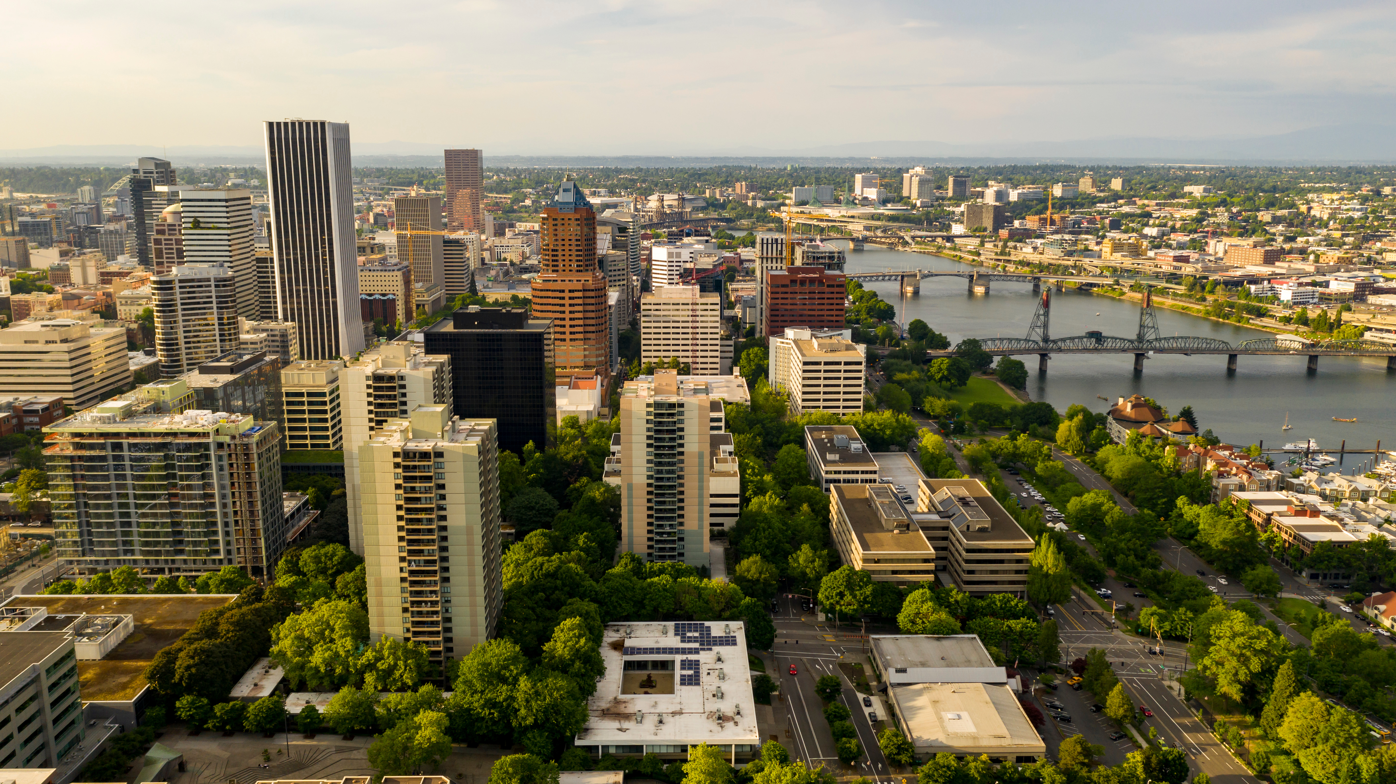 Done overhead shot of downtown Portland and bridges