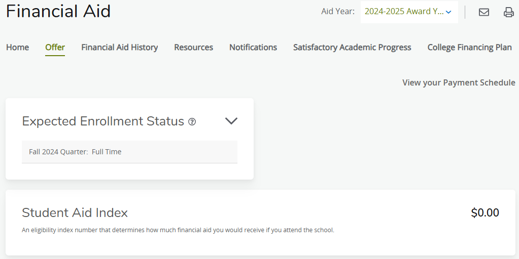 screen shot of financial aid offer graphic with Expected Enrollment Status
