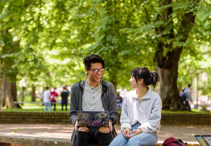 Students in park blocks chatting while working on laptop