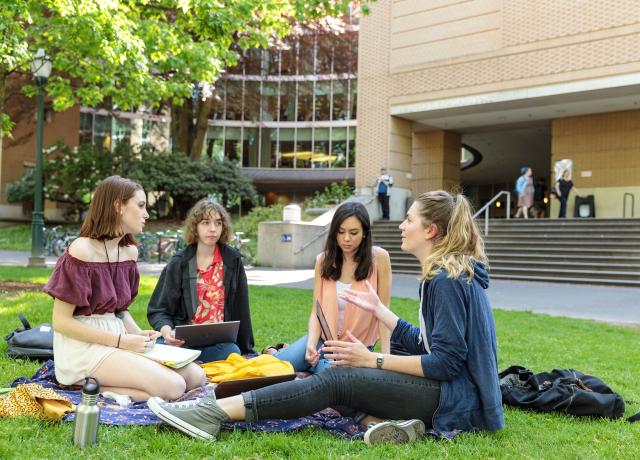 Students on the lawn of the park blocks