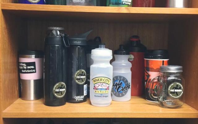 shelves full of re-usable water bottles