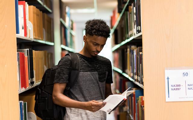 person looking through a book standing in a library isle