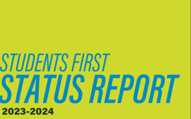 Green background with blue text reading "Students First Status Report 2023-2023"