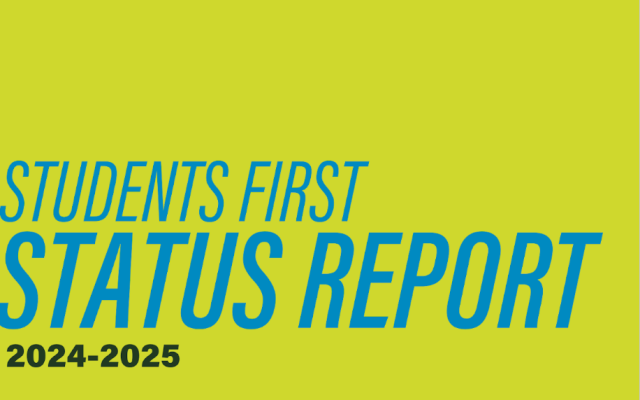 Bright green background with blue text reading Students First Status Report 2024 to 2025