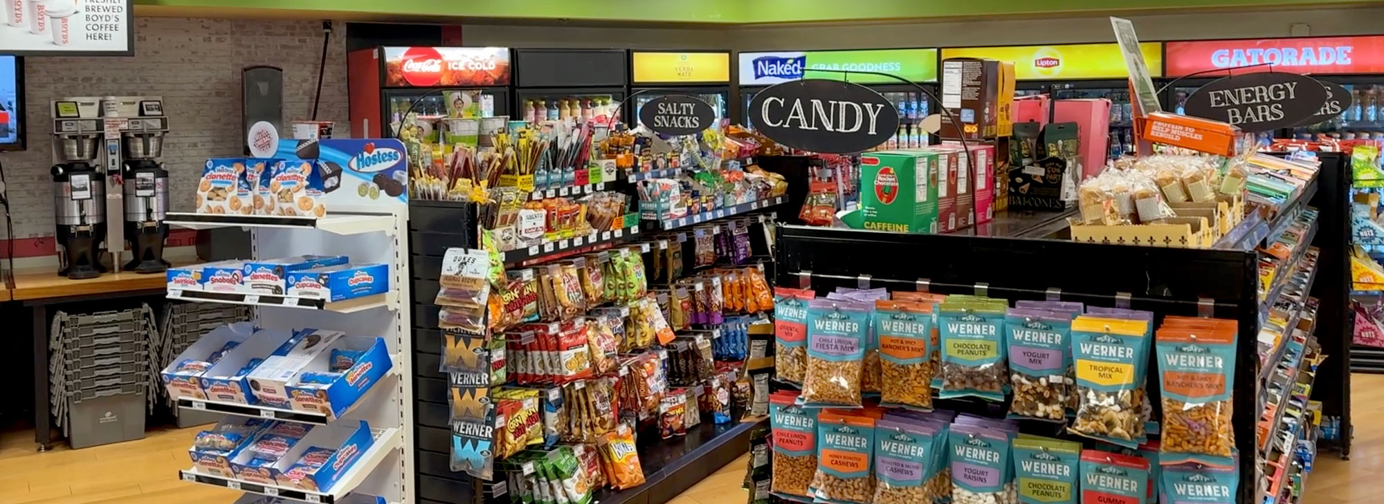 Shelves full of items for sale in the University Market