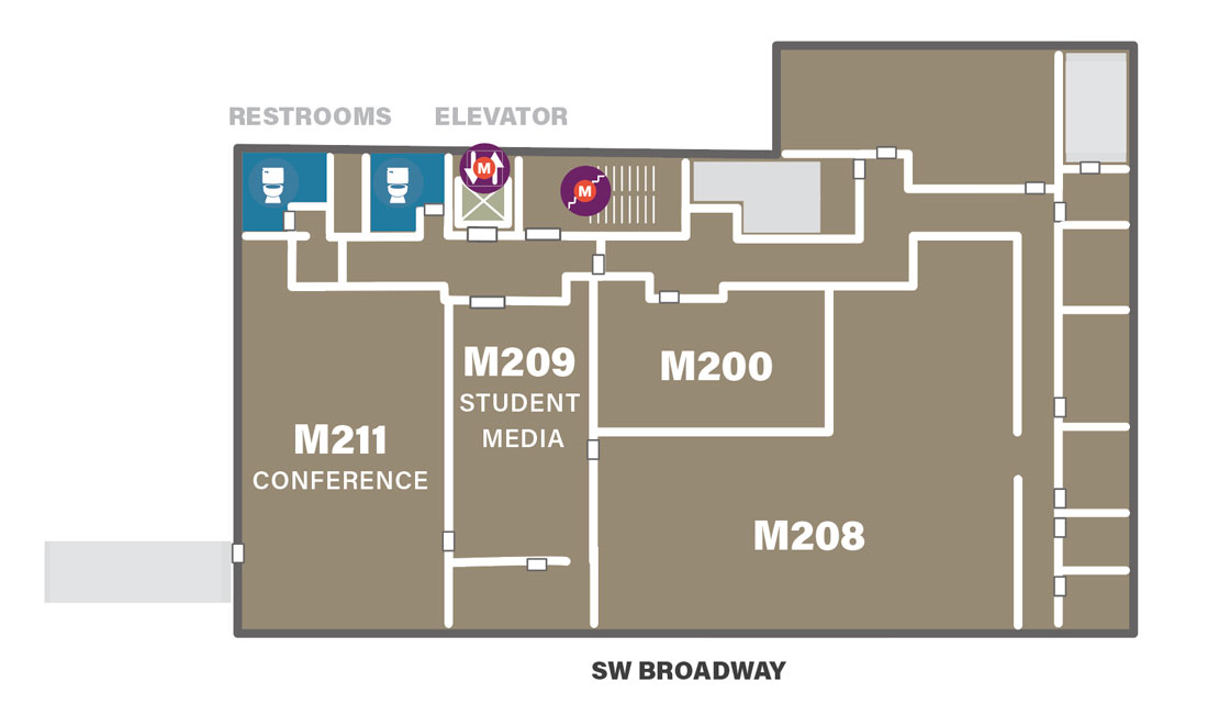 Location of Student Media (starting January 2027). Main entry is directly across from the elevator, the conference room is on the south end of the floor (right from the elevator). 