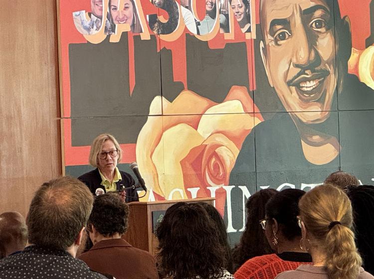 Portland State University President Ann Cudd speaks at the Jason Washington Memorial Mural unveiling and community event in June 2024. 