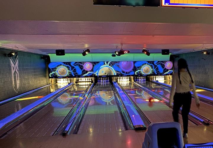 Gameroom night lights give the alley a disco vibe.