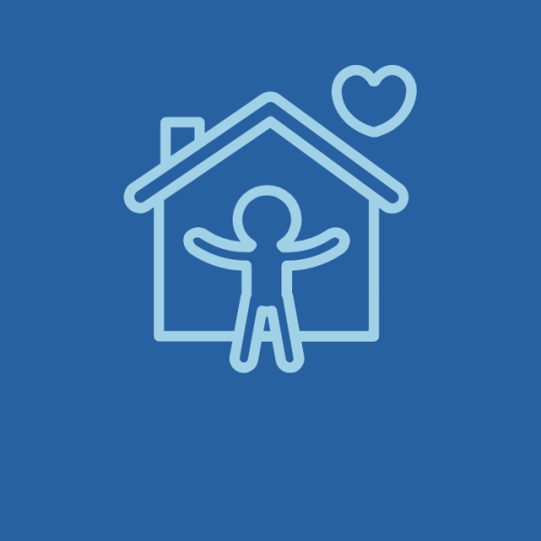 Blue background with lighter blue icon featuring a house and person with a heart