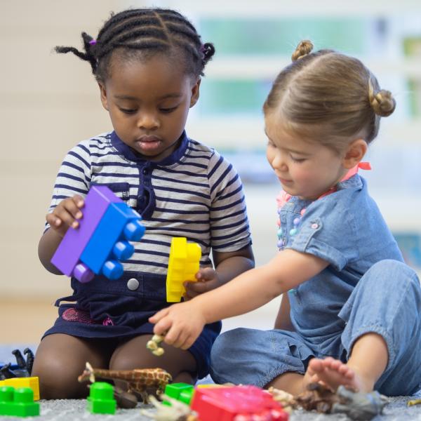 stock image of a two children playing with building blocks