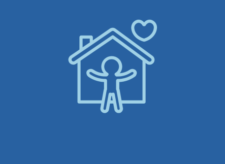 Blue background with lighter blue icon featuring a house and person with a heart